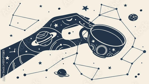 Fototapeta Creative illustration of hand holding coffee cup, surrounded by celestial elements like planets and constellations