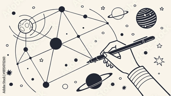 Fototapeta Hand drawing cosmic scene with planets, stars, and geometric shapes, evoking creativity and imagination