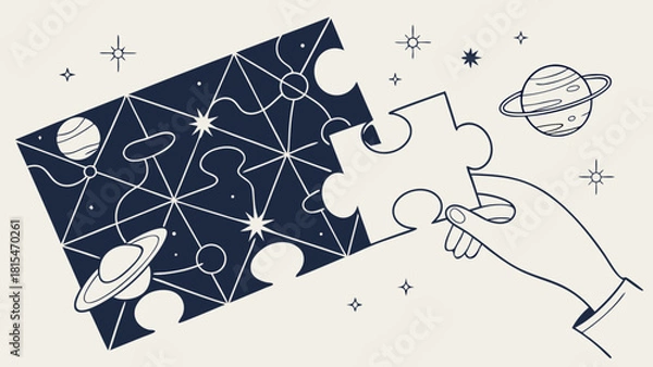 Fototapeta Hand holds puzzle piece against cosmic background featuring planets and stars, symbolizing creativity and exploration