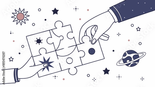 Fototapeta Hands collect puzzle pieces in cosmic theme, showcasing collaboration and creativity in whimsical design