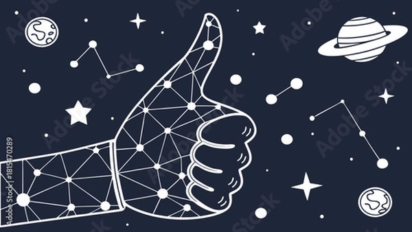 Fototapeta Abstract image of hand giving thumbs up, featuring cosmic background with stars, planets, and constellations, conveying