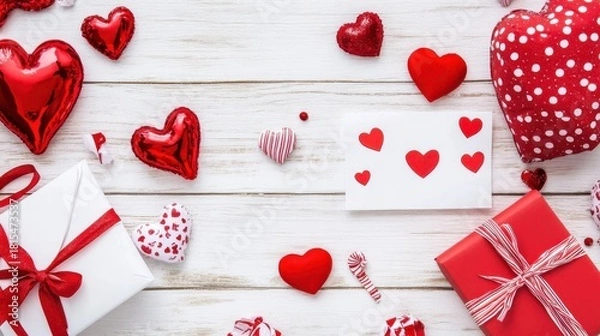 Fototapeta Romantic Valentine's Day flat lay with red hearts, gift boxes & card on white wooden background. Love celebration with copy space.