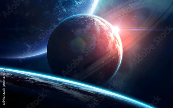 Fototapeta Cinematic Red Ringed Planet with Intense Sun Flare and Volumetric Cosmic Background