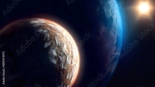 Fototapeta Cinematic Close-up of Two Exoplanets in Orbit with Asteroids and Sun Flare