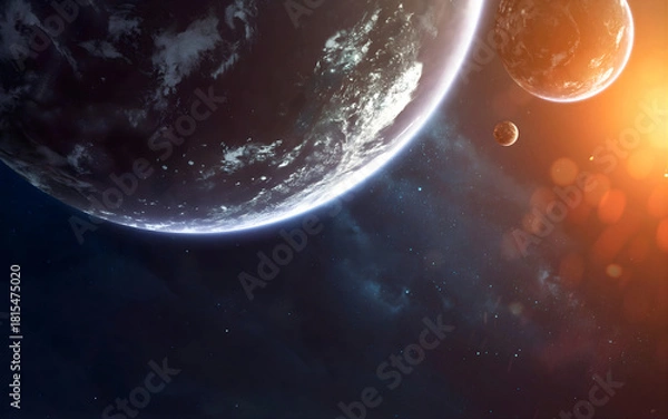Fototapeta Deep Space Horizon View of Multiple Planets and Moons with Cinematic Sun Flare