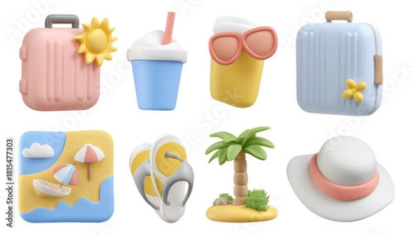 Fototapeta Soft 3D Pastel Illustrations of Travel Essentials for Vacation and Holiday Planning