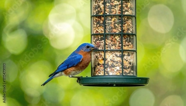 Fototapeta A vibrant bluebird perches on a metal bird feeder filled with seeds against a soft green blurred background on a sunny day