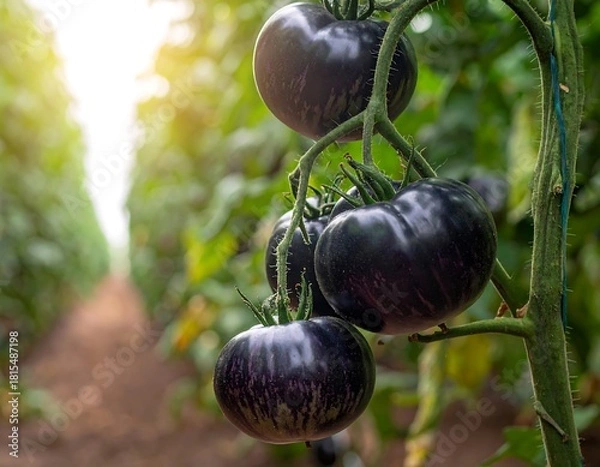 Fototapeta A cluster of dark, almost black tomatoes ripening on vine in a greenhouse