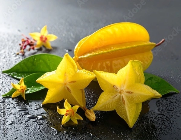 Fototapeta A cluster of fresh starfruit with leaves and water droplets