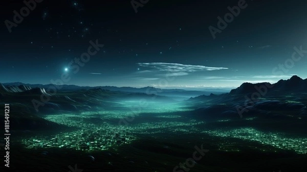 Fototapeta Digital art depicting night sky over green city in valley with distant view of dark mountains with lights on top creating fantasy world