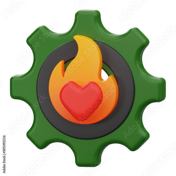Fototapeta 3D icon of gear with fire and heart shape for passion, motivation, and hard work concept