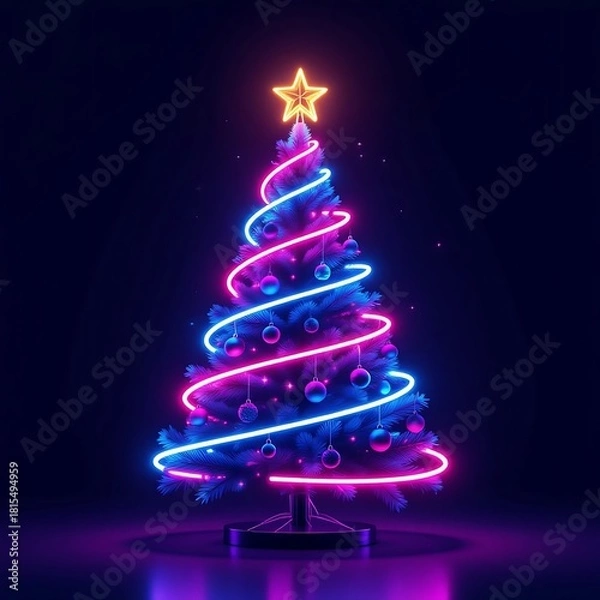 Obraz Neon 3D Cyberpunk Christmas Tree – Glowing Futuristic Holiday Design