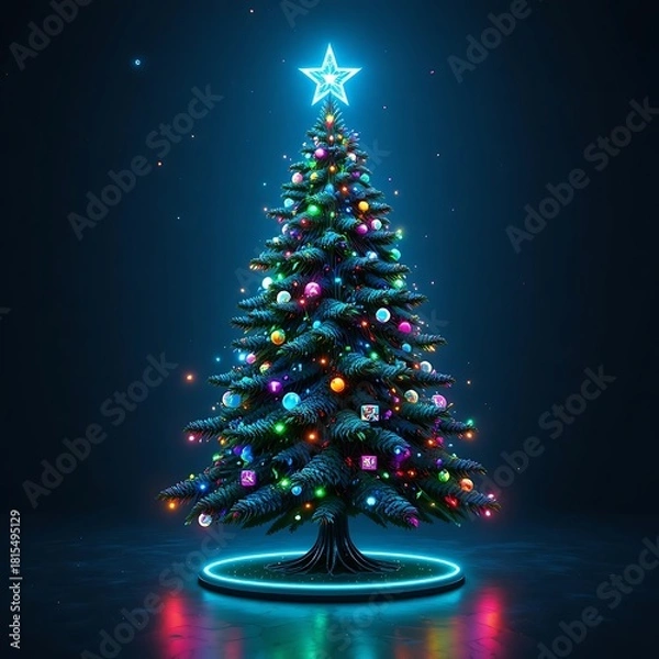 Fototapeta Neon 3D Cyberpunk Christmas Tree – Glowing Futuristic Holiday Design