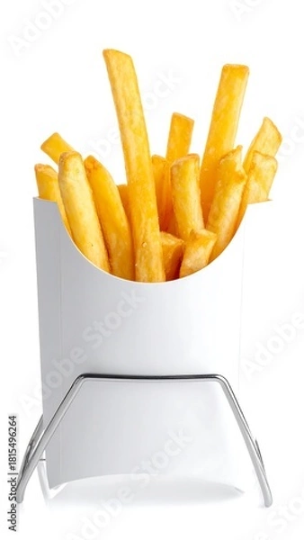 Obraz Crispy golden French fries in a white container, supported by a metal wire holder