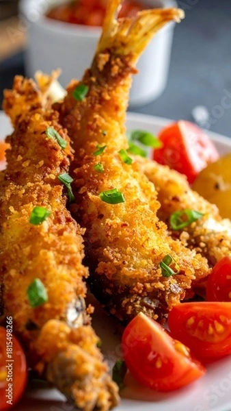 Obraz Crispy, golden-brown, fried fish served with tomatoes and herbs on a white plate