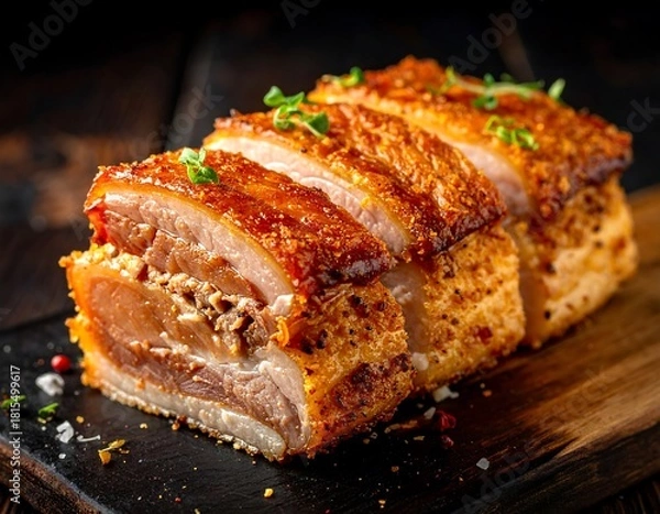 Obraz Crispy pork belly roast, sliced and garnished, sits on dark wood
