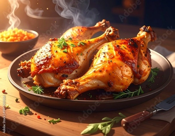 Obraz Crispy roasted chicken legs garnished with herbs and spices on a rustic wooden surface