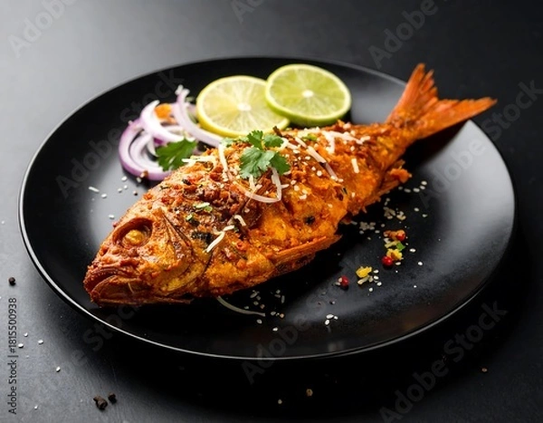 Obraz Crispy whole fried fish is garnished with lemon, onion rings, and cilantro on a black plate
