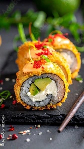 Obraz Crispy sushi roll on a slate platter with avocado, filling, garnish, and chopsticks