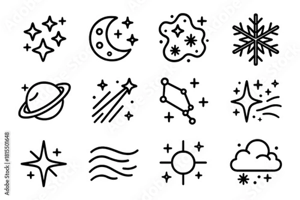 Obraz Frozen Galaxy Icons. Frozen Galaxy Icons linear icon set. star cluster, glowing moon, icy dust, snowflake, planet ring, frost beam, constellation, shimmer trail, bright star, mist