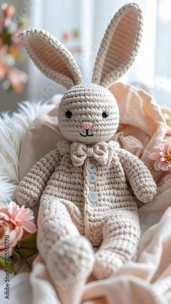 Obraz Crocheted bunny doll in a ruffled onesie posed with pastel flowers and soft textures
