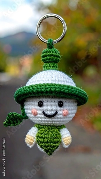 Obraz Crocheted doll keychain with smiling face & green trim, hanging on metal ring; blurred background