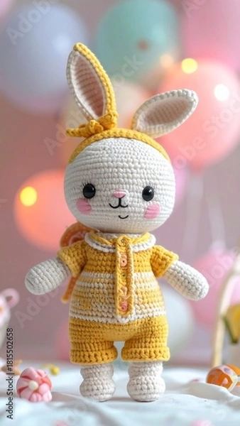 Obraz Crocheted toy bunny in yellow romper stands amidst pastel balloons, a sweet scene