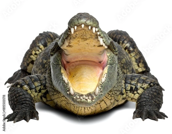 Obraz Crocodile facing forward, mouth wide open showing teeth, on a plain white background