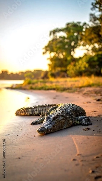 Obraz Crocodile rests on a sandy bank illuminated by the setting sun
