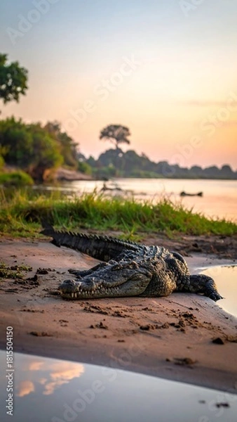 Obraz Crocodile rests on a sandy riverbank at sunset, with trees in the soft focus background