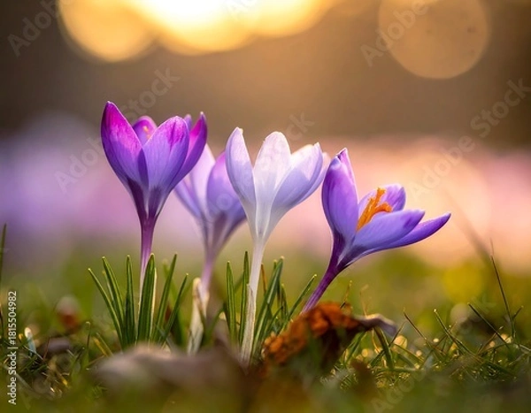 Obraz Crocus flowers bloom in grass, bathed in a warm, soft, ethereal light