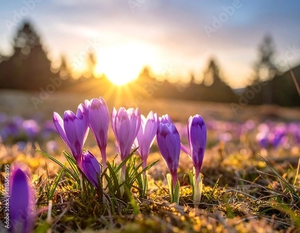 Obraz Crocuses in a sunlit meadow with soft focus trees on a distant hillside