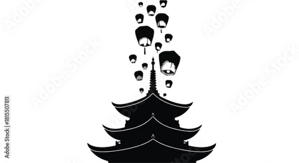 Fototapeta Silhouetted pagoda adorned with a cascade of floating lanterns against a stark background.