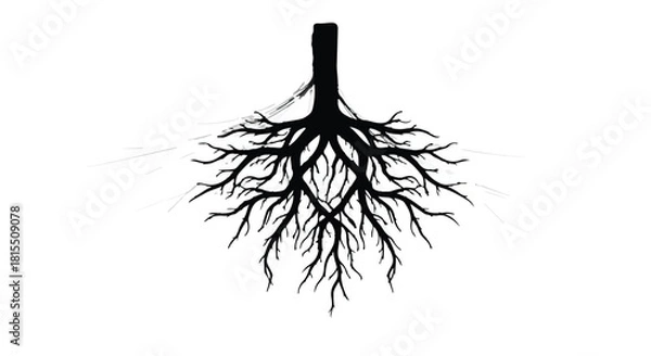 Fototapeta Intricate tree roots spread out against a white background, symbolizing growth and foundation.