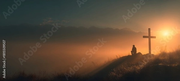 Obraz Man contemplating beside cross at sunset