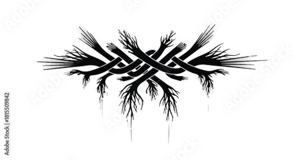 Fototapeta Intricate knot of dark, organic branches with wispy ends on a white background.