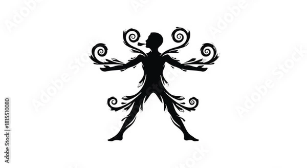 Fototapeta Stylized silhouette of a person with swirling decorative elements radiating from their body, symbolizing growth and nature.