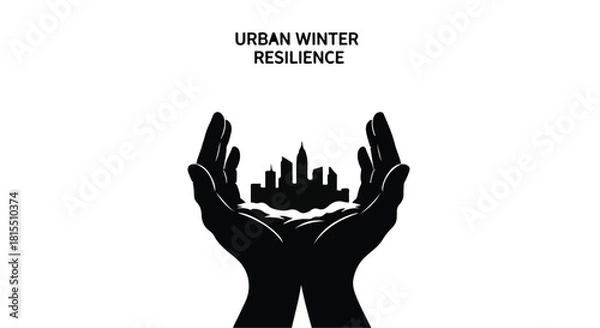 Fototapeta Hands cradle a city skyline, symbolizing urban resilience through winter.