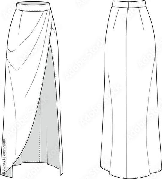 Obraz Wrap and fitted skirt technical fashion sketch, high slit and panel seam design, cad drawing flat vector illustration, front back view