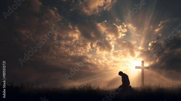 Obraz Man kneeling before cross at sunrise