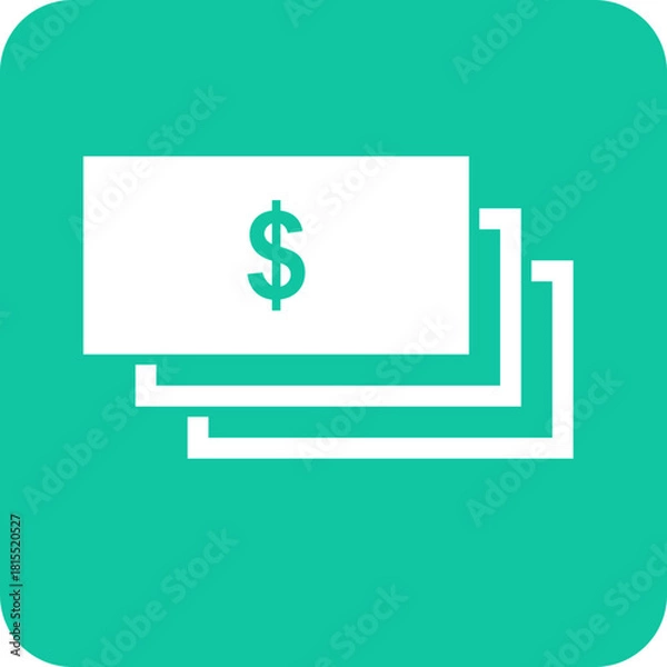 Obraz Simple flat icon representing a stack of white paper currency with a green dollar sign on a teal background