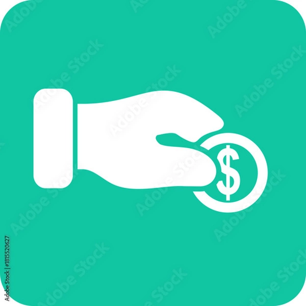 Obraz White hand holding a coin with a dollar sign on a teal background representing financial transactions and payments