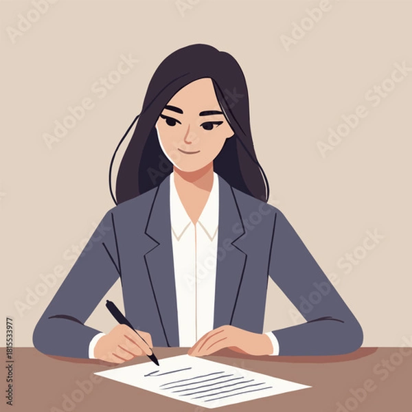 Fototapeta Flat Illustration of Woman in Gray Blazer Writing on Paper at Desk with Neutral Background