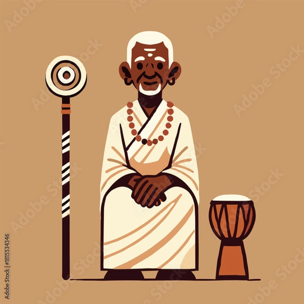 Fototapeta Flat illustration of an elderly tribal chief wearing a white robe with a drum and staff in a brown background