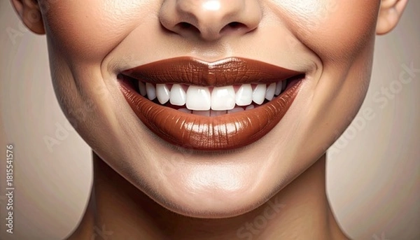 Obraz Close up on shiny brown lipstick mouth smiling showing perfect white teeth with water droplets on skin natural lighting soft background beauty and cosmetics concept