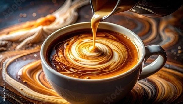 Obraz Creamy Latte Art Swirls In White Mug Macro Shot With Coffee Drizzle And Blurred Background During Morning Light