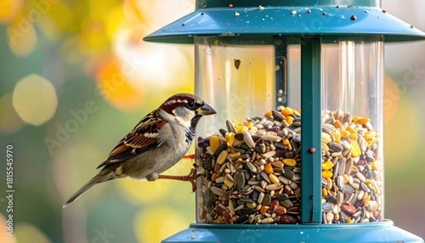 Fototapeta Close up of a House Sparrow perched on a green metal bird feeder filled with mixed seeds in soft daylight
