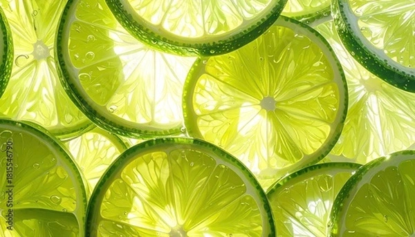 Obraz Close Up Translucent Lime Slices Illuminated by Bright Backlight Creating a Vibrant Citrus Pattern with Tiny Sparkles