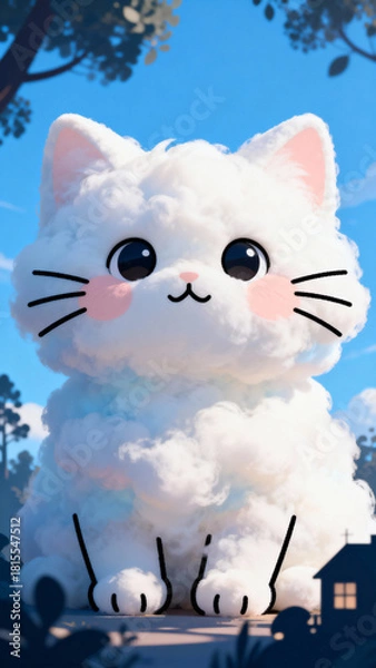 Obraz A beautiful illustration of clouds with a cute kitten silhouette in the sky.
