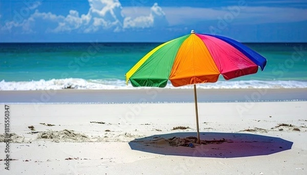 Obraz Colorful beach umbrella stands on white sand beach with turquoise ocean waves and blue sky overhead on a sunny day